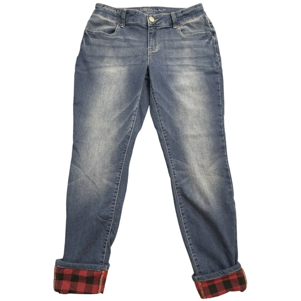 M Jeans By Maurices Womens Size M Reg Blue Denim Jeans Red Plaid Cuff Med Wash